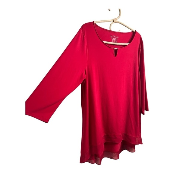 Chicos Cherry Red Demi Woven Mix Knit Top 3/4 Sleeve Hi Lo Hem Women Large - Picture 13 of 16